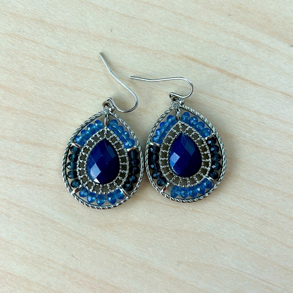 Blue Denim Beaded Drop Earrings